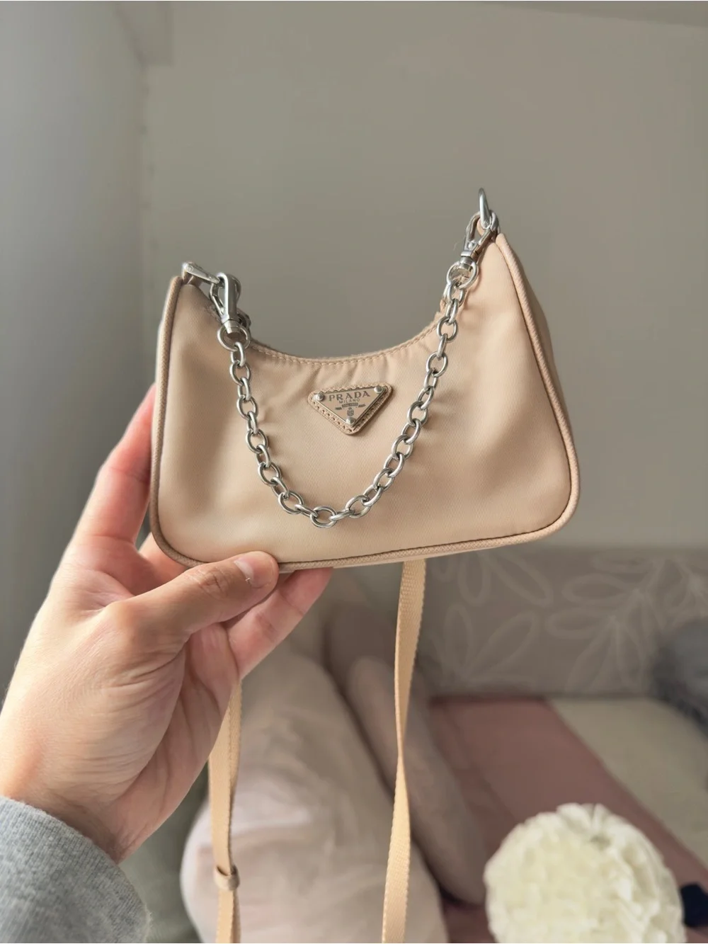 Prada Mini Nylon Shoulder Bag in Beige with Silver Chain - Picture 6 of 11